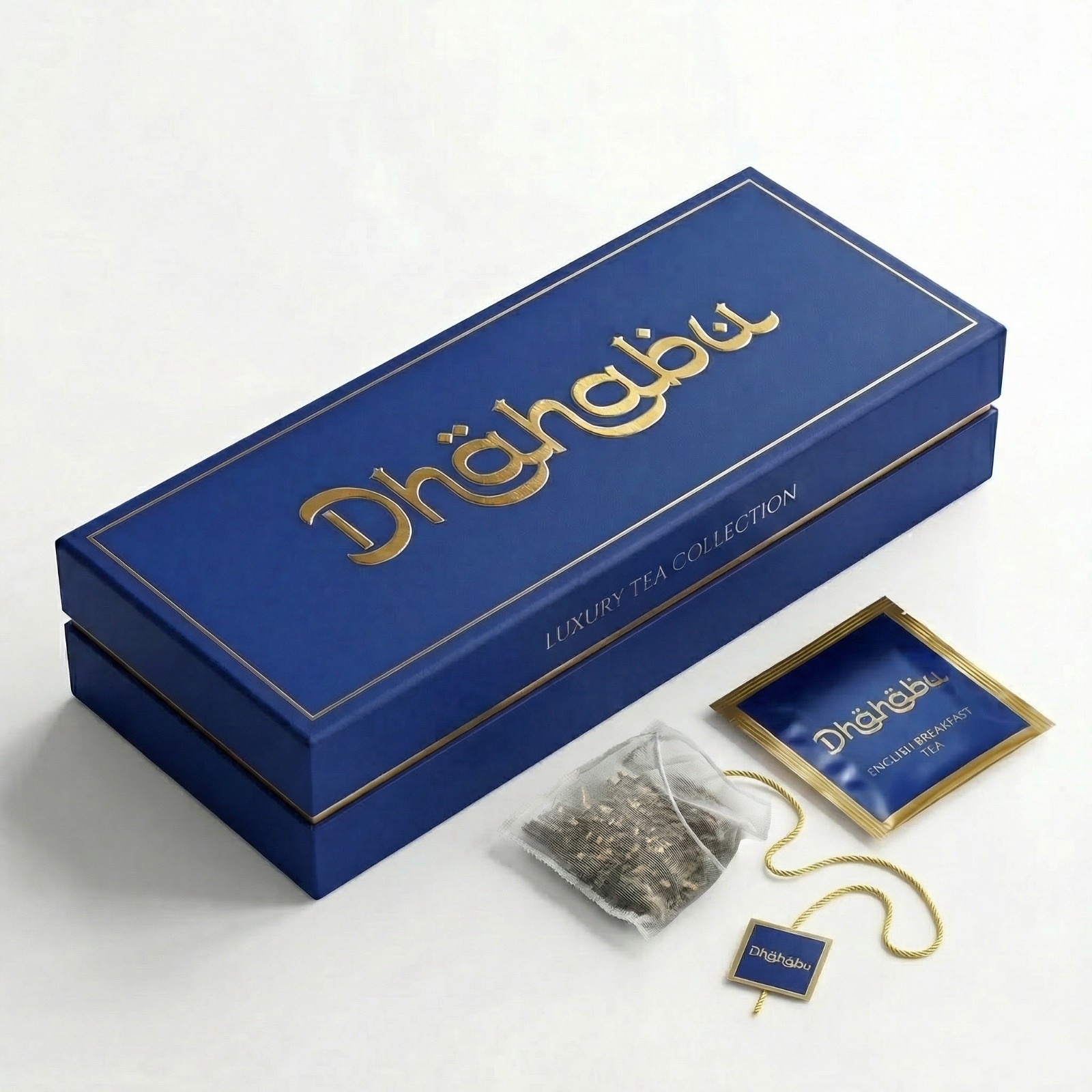 Dhahabu luxury tea — royal blue and gold packaging